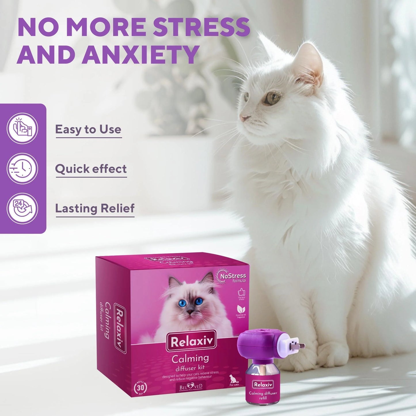 Relaxiv Natural Calming Pheromone Diffuser – Anti-Anxiety & Stress Relief for Cats & Dogs, Long-Lasting Formula